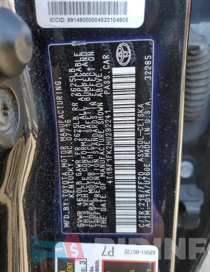 4T1BF1FK2HU292241 Photo# 12
