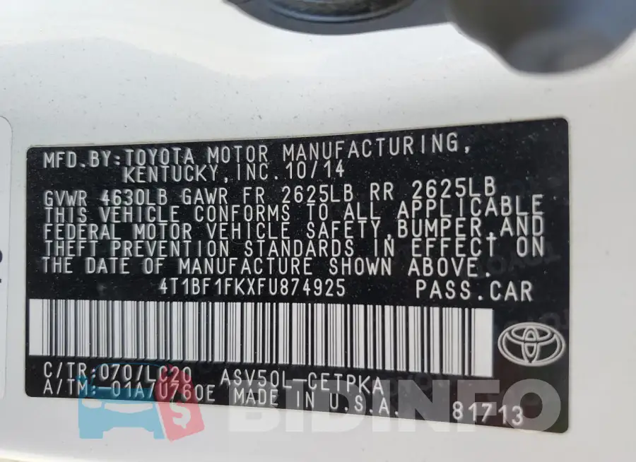 4T1BF1FKXFU874925 Photo# 13