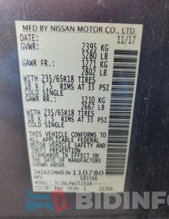 5N1AZ2MH0JN110780 Photo# 13