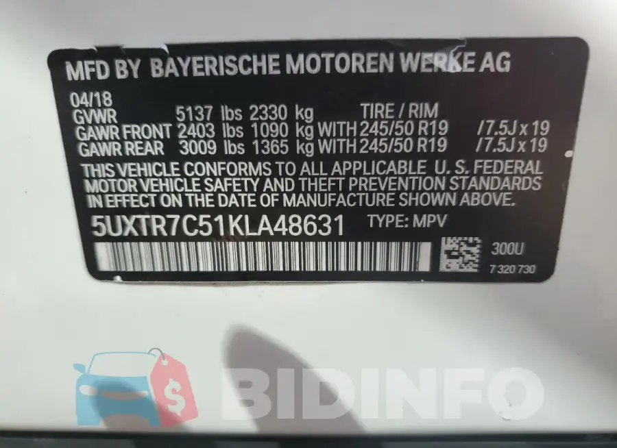 5UXTR7C51KLA48631 Photo# 14
