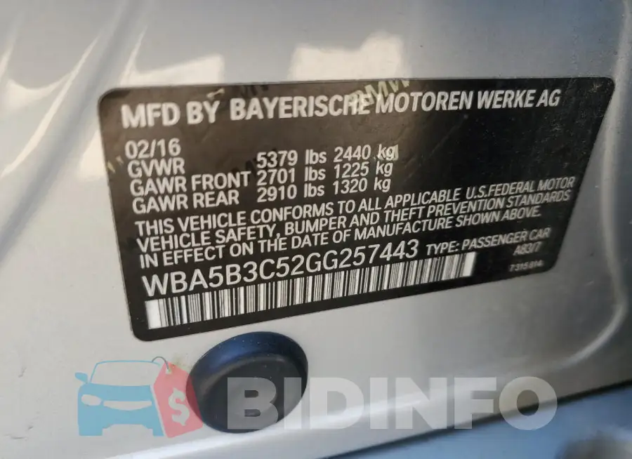 WBA5B3C52GG257443 Photo# 12