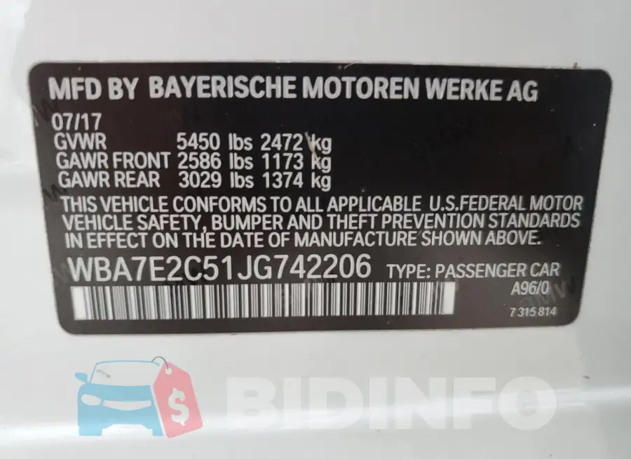 WBA7E2C51JG742206 Photo# 13