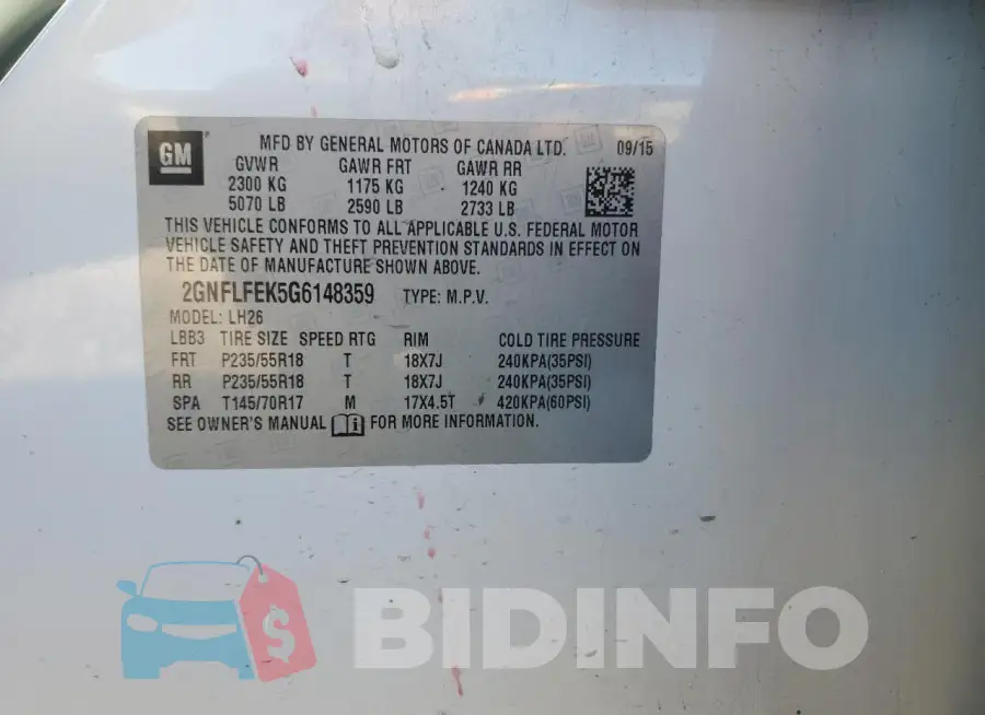 2GNFLFEK5G6148359 Photo# 12