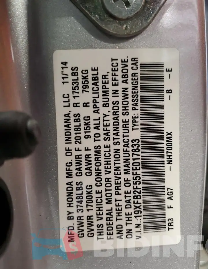 19XFB2F55FE017833 Photo# 13