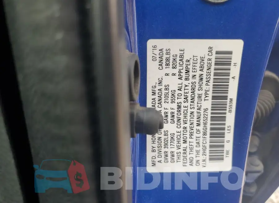 2HGFC1F86GH652276 Photo# 12