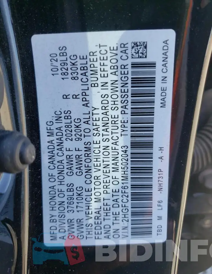 2HGFC2F61MH502043 Photo# 13