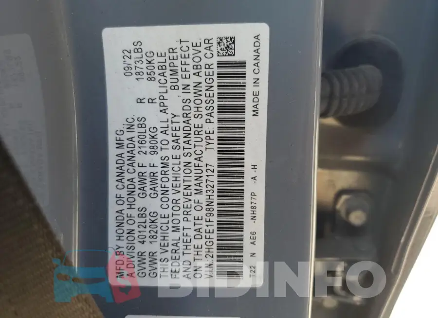 2HGFE1F98NH327127 Photo# 12