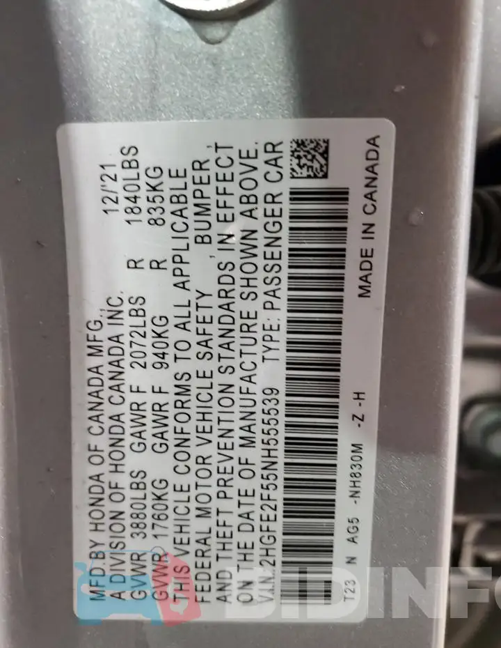 2HGFE2F55NH555539 Photo# 13