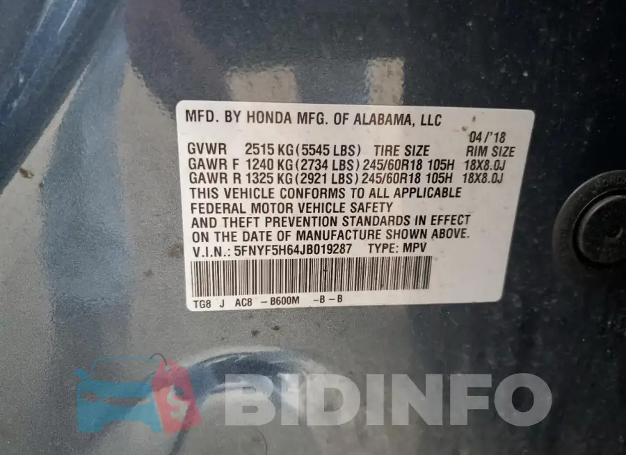 5FNYF5H64JB019287 Photo# 13