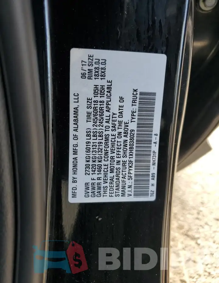 5FPYK3F1XHB038029 Photo# 12