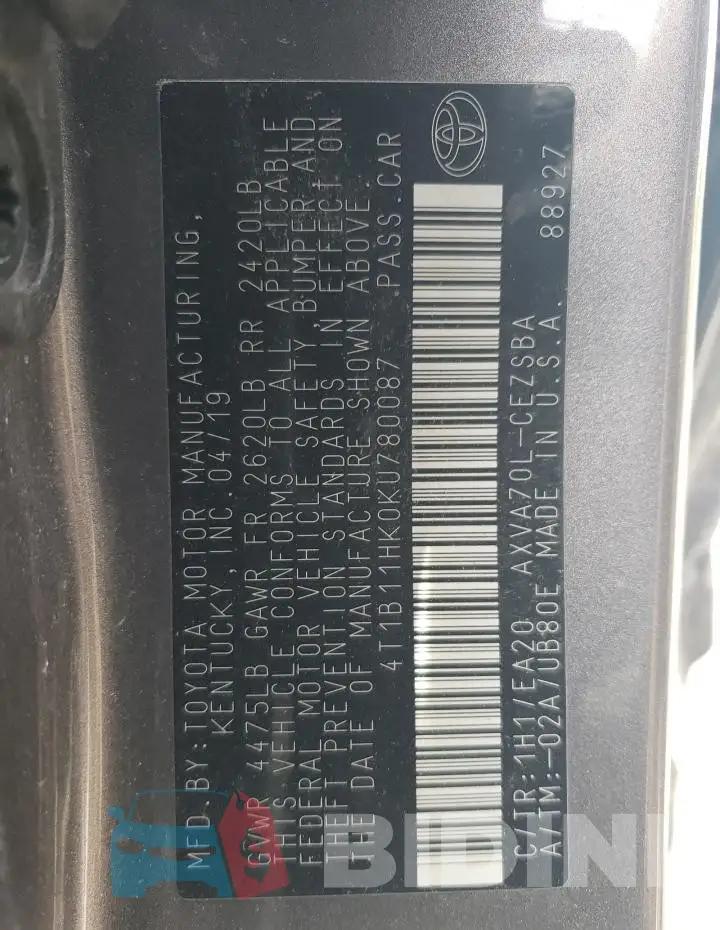 4T1B11HK0KU780087 Photo# 12