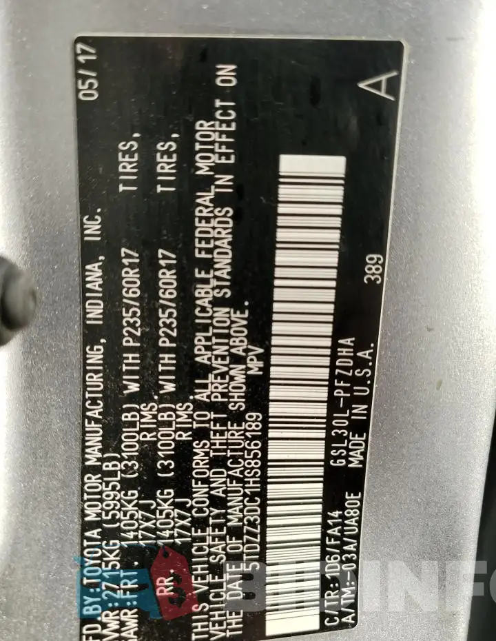 5TDZZ3DC1HS856189 Photo# 14