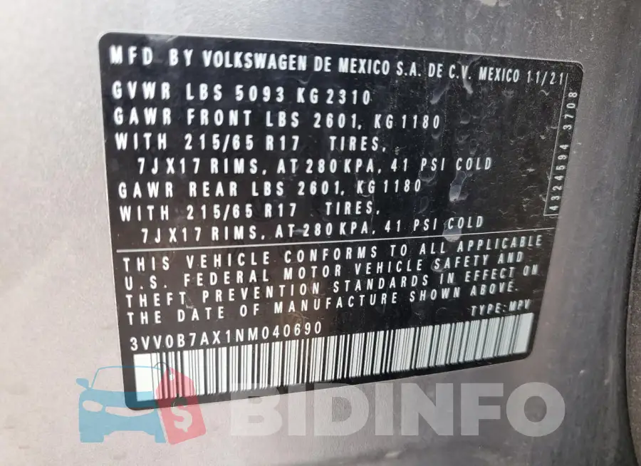 3VV0B7AX1NM040690 Photo# 12