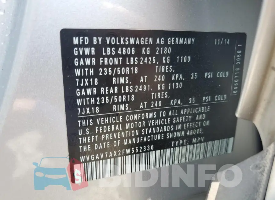 WVGAV7AX2FW552336 Photo# 13