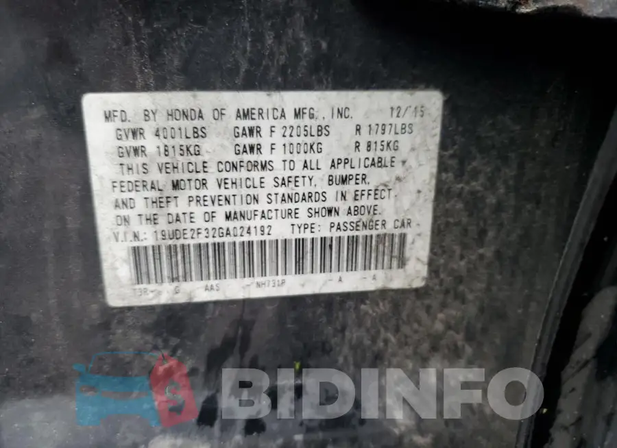 19UDE2F32GA024192 Photo# 12