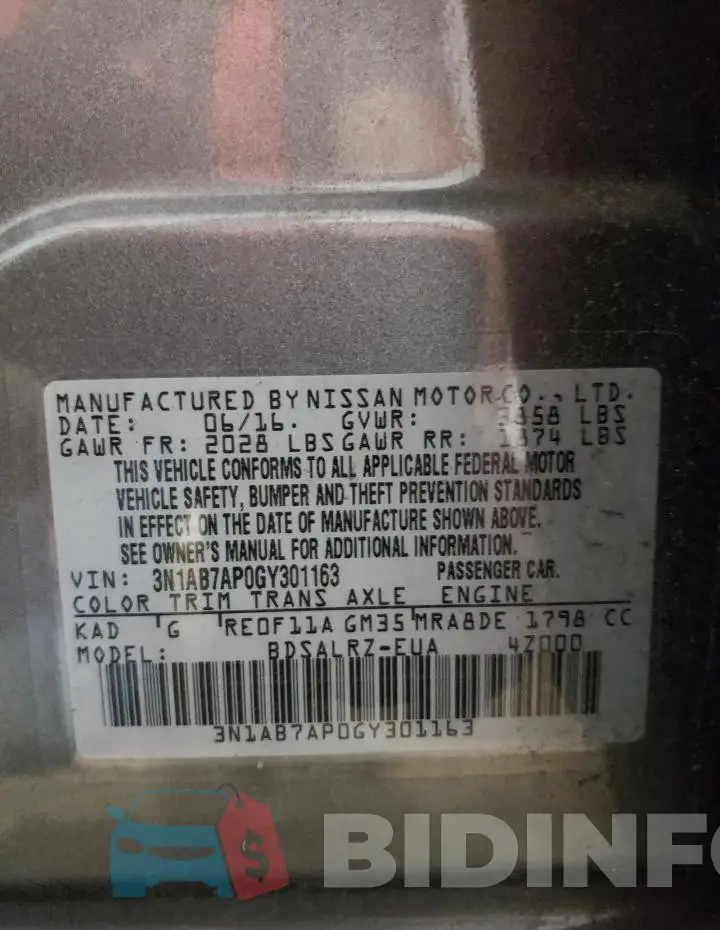 3N1AB7AP0GY301163 Photo# 12