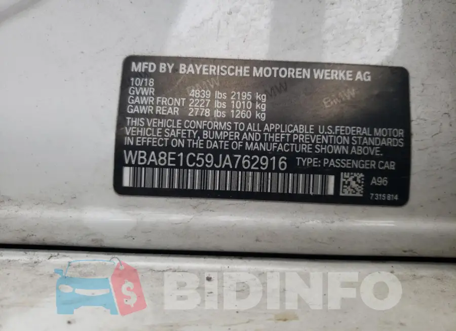 WBA8E1C59JA762916 Photo# 12