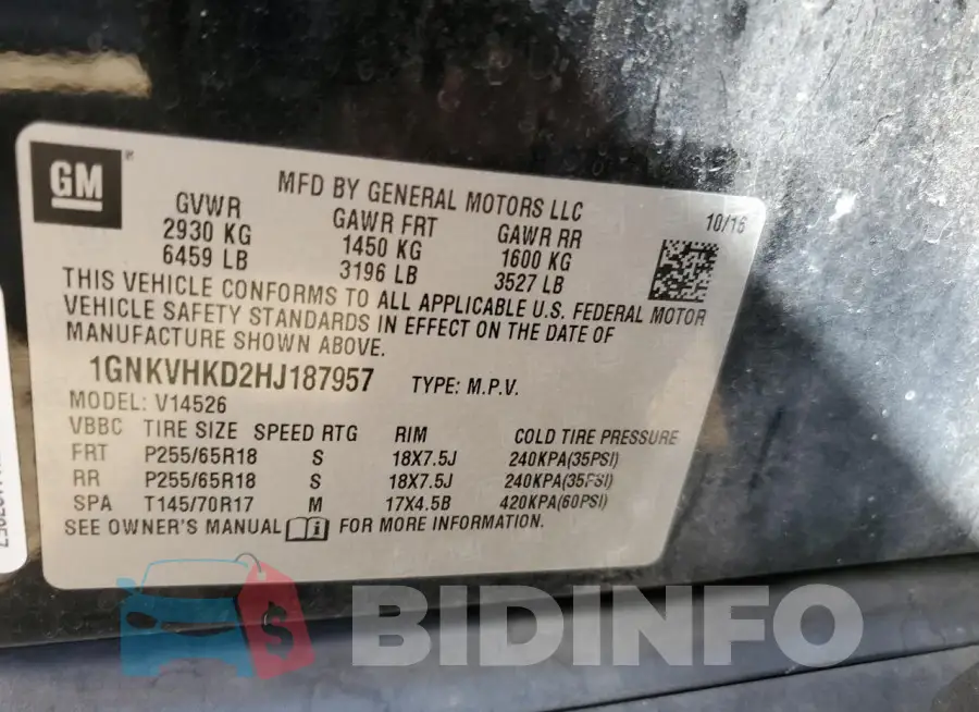 1GNKVHKD2HJ187957 Photo# 13