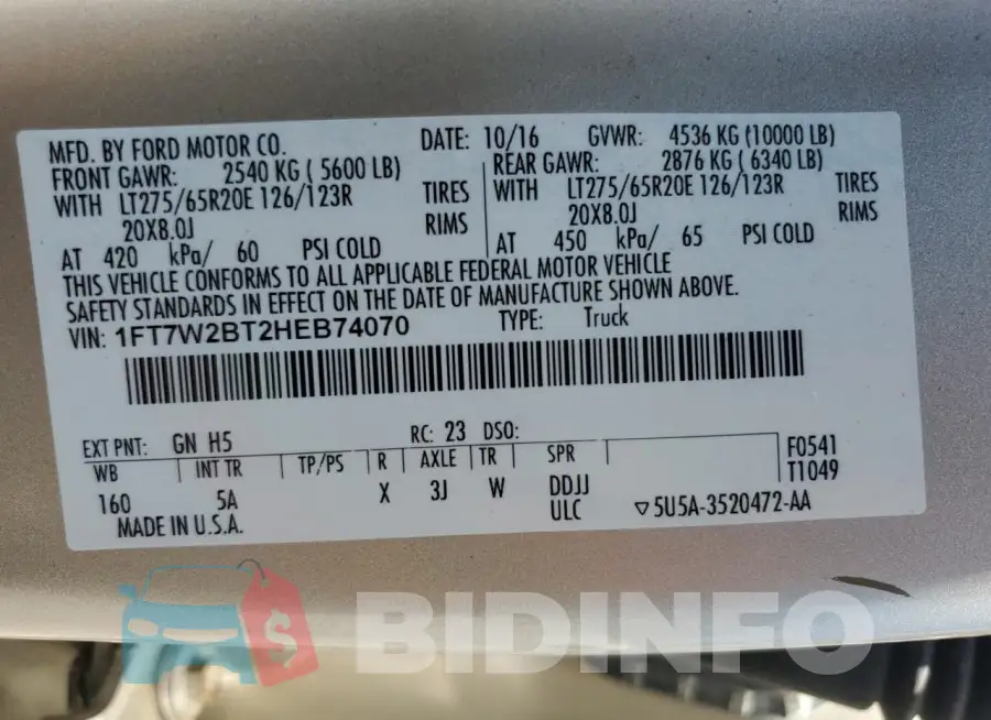 1FT7W2BT2HEB74070 Photo# 13