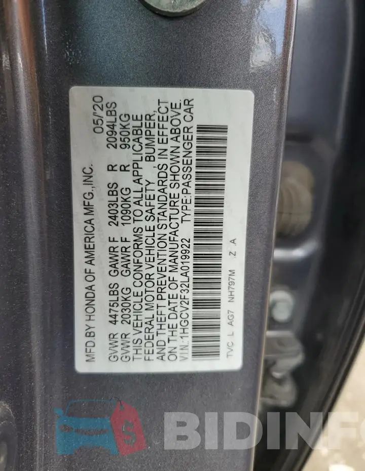 1HGCV2F32LA019922 Photo# 12