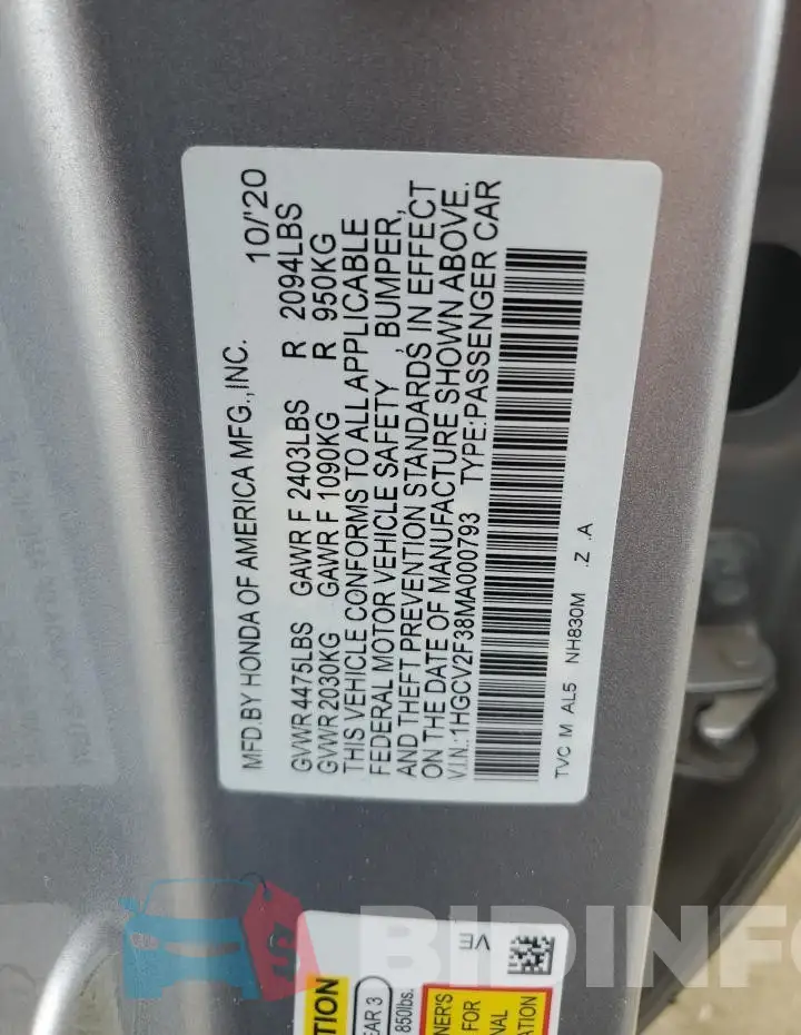 1HGCV2F38MA000793 Photo# 12