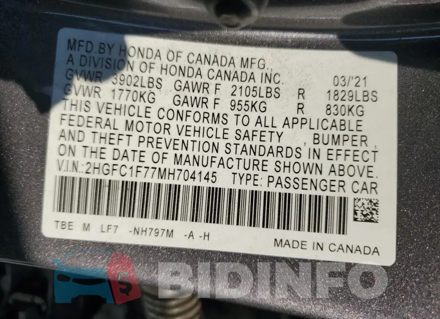 2HGFC1F77MH704145 Photo# 12