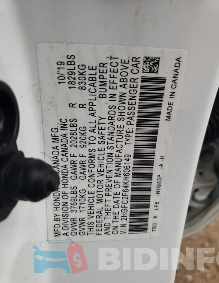 2HGFC2F64KH606149 Photo# 13