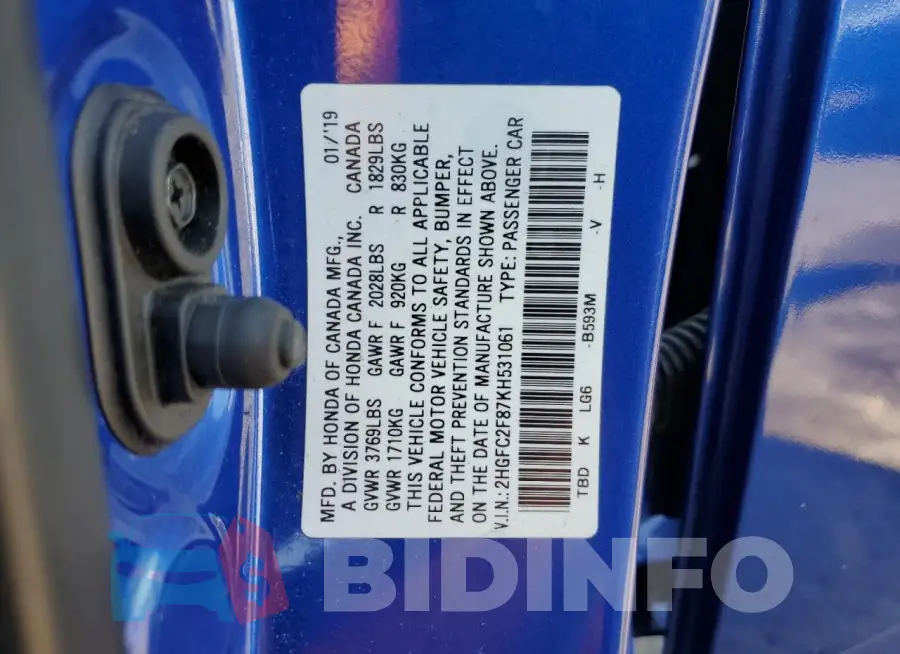 2HGFC2F87KH531061 Photo# 12
