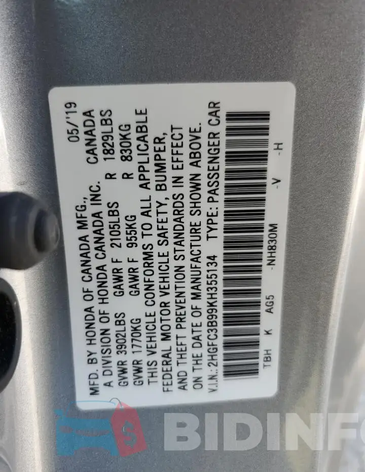 2HGFC3B99KH355134 Photo# 12
