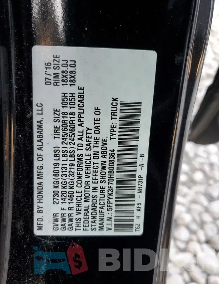 5FPYK3F70HB008364 Photo# 12