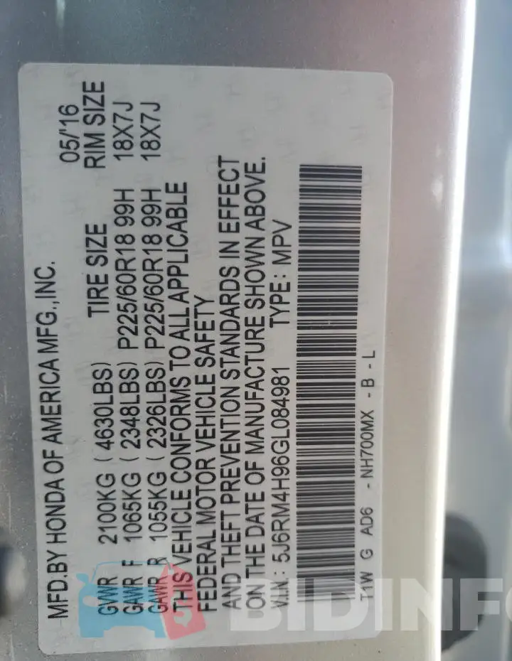 5J6RM4H96GL084981 Photo# 12