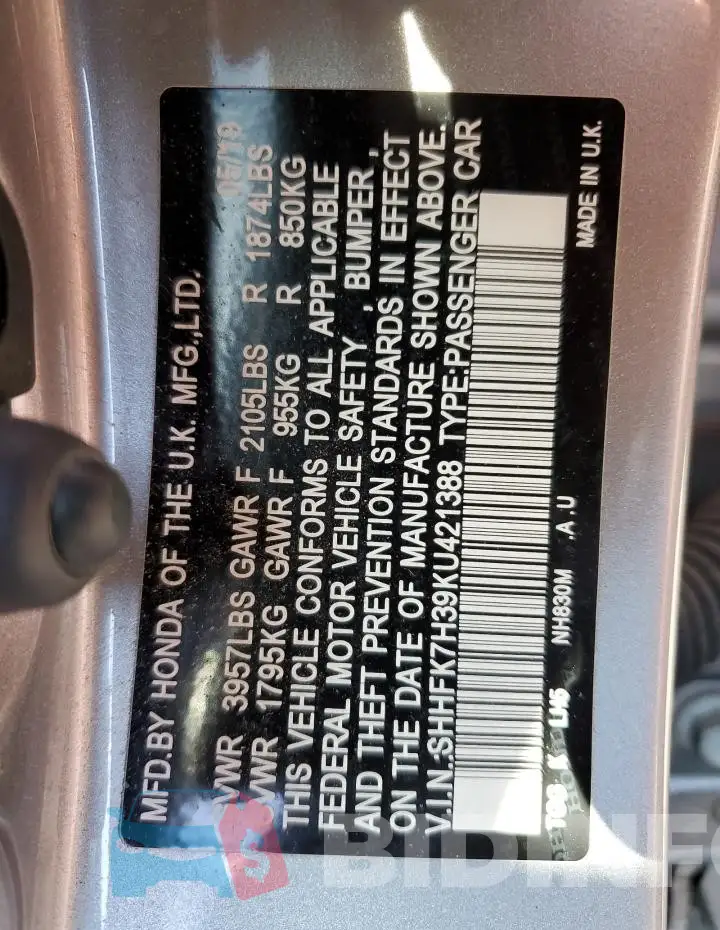 SHHFK7H39KU421388 Photo# 13