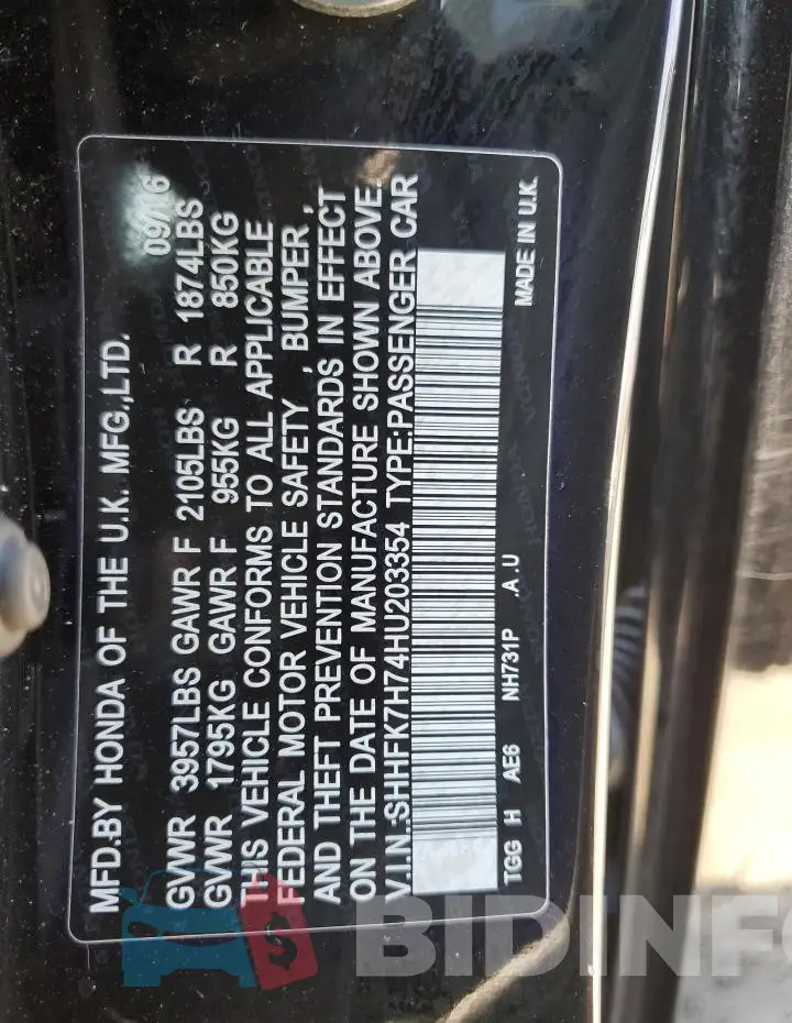 SHHFK7H74HU203354 Photo# 13