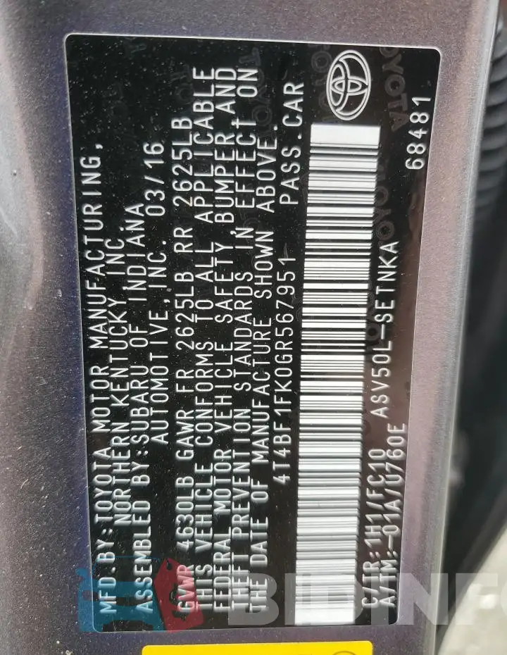 4T4BF1FK0GR567951 Photo# 12