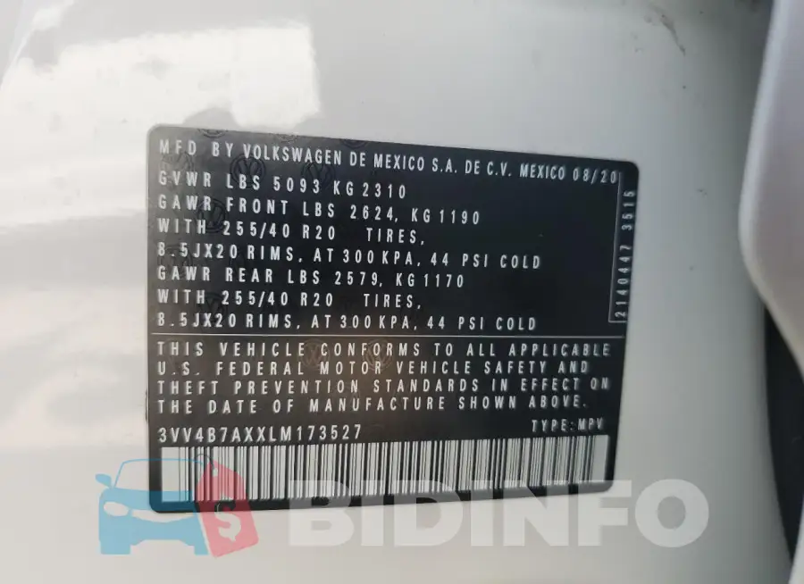3VV4B7AXXLM173527 Photo# 12
