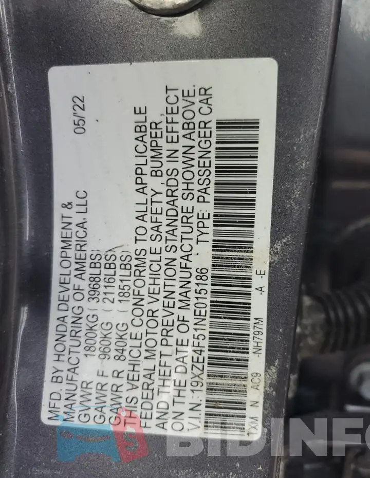 19XZE4F51NE015186 Photo# 13