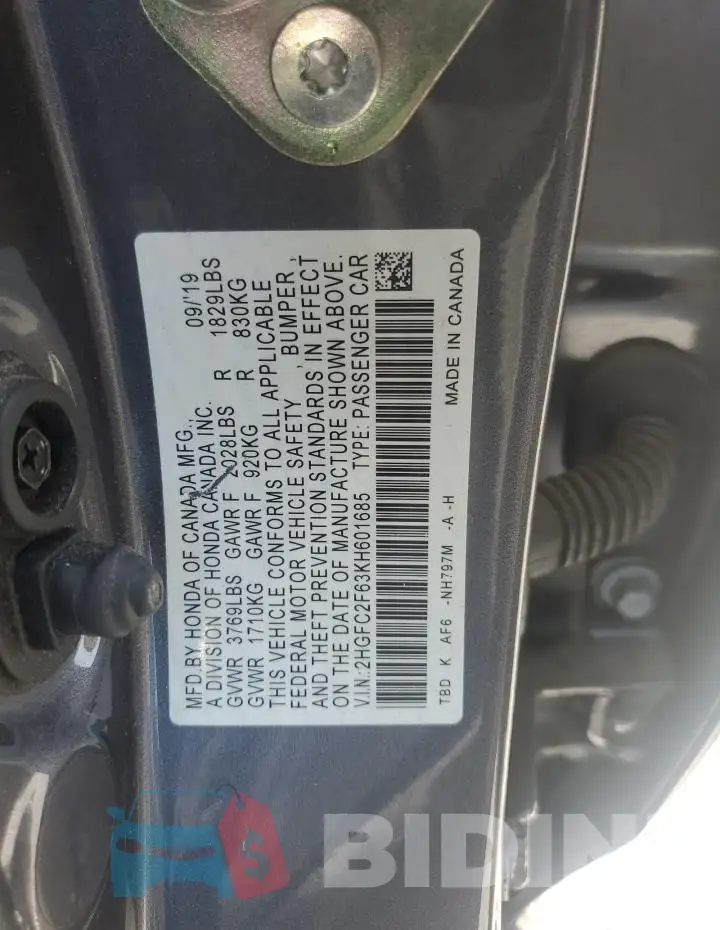 2HGFC2F63KH601685 Photo# 12