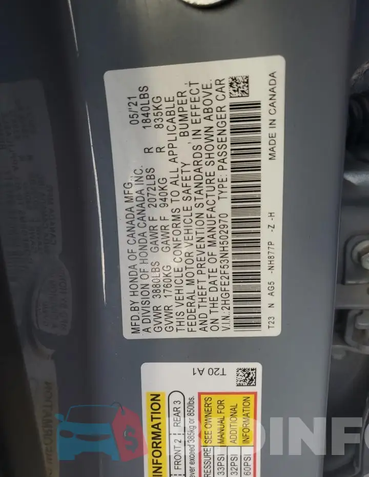 2HGFE2F53NH502970 Photo# 12