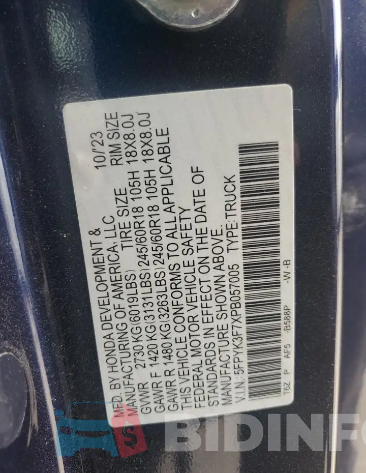 5FPYK3F7XPB057005 Photo# 12