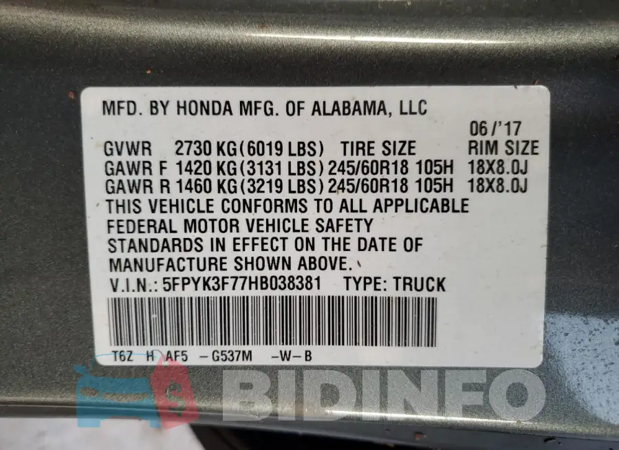 5FPYK3F77HB038381 Photo# 13