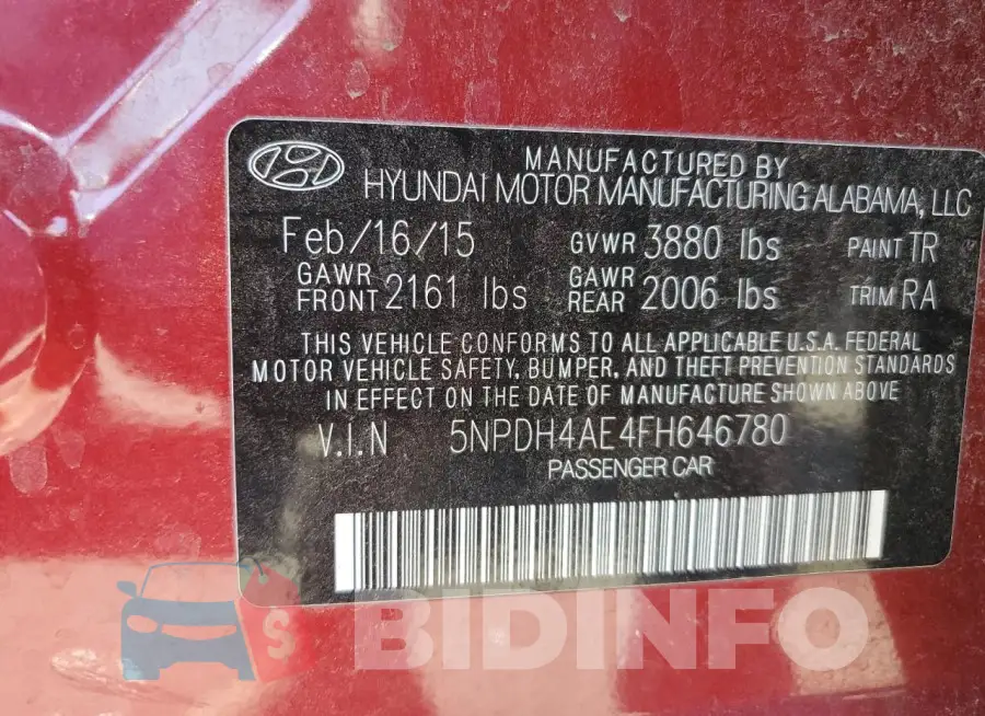 5NPDH4AE4FH646780 Photo# 12