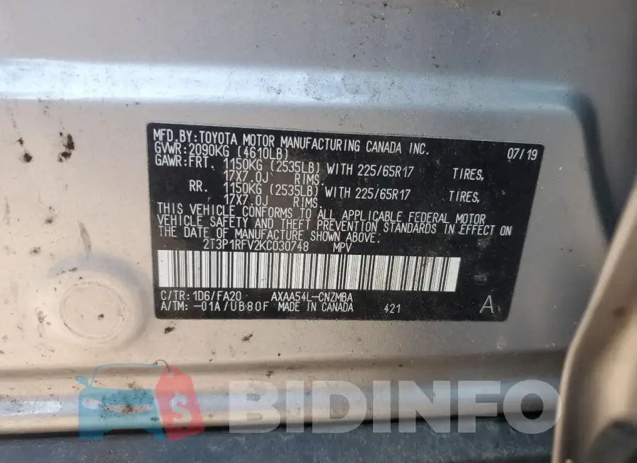 2T3P1RFV2KC030748 Photo# 13
