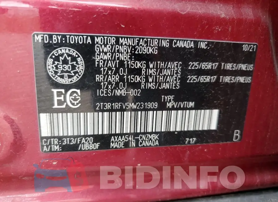 2T3R1RFV5MW231909 Photo# 14