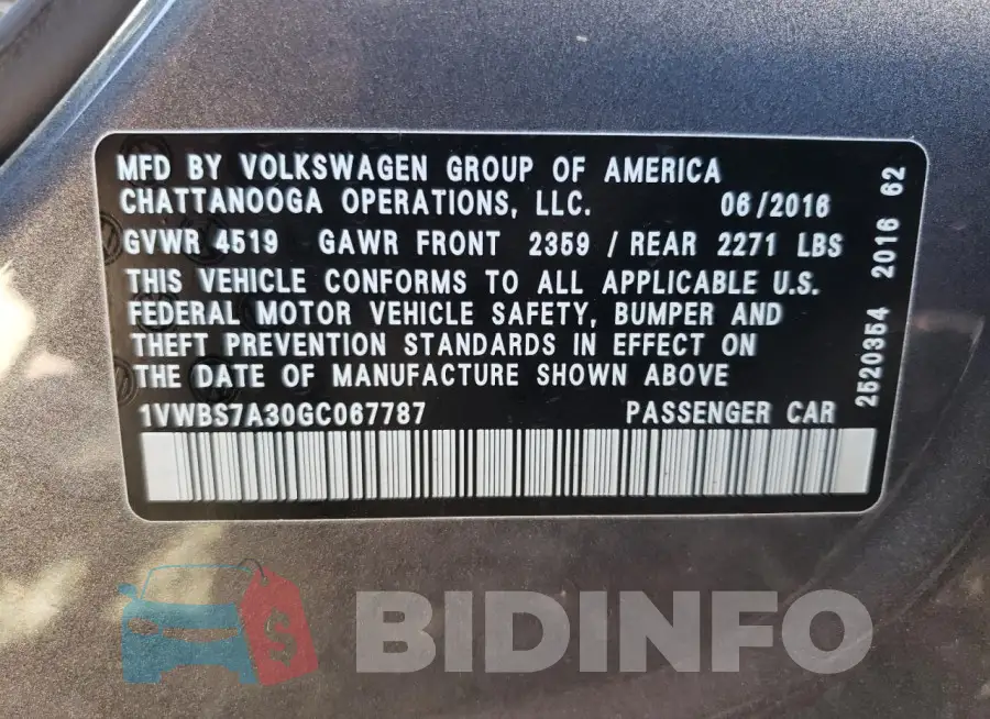 1VWBS7A30GC067787 Photo# 12