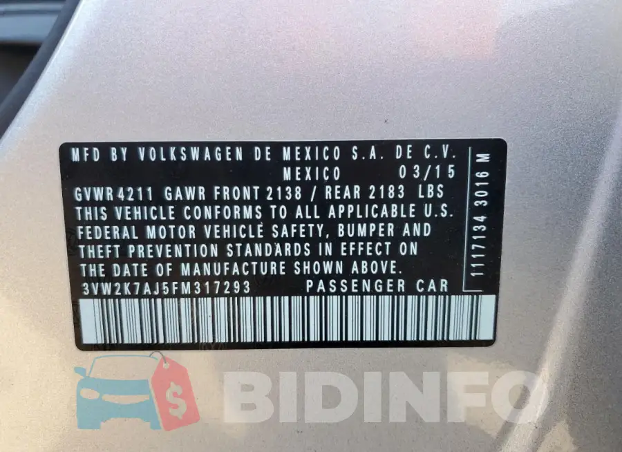 3VW2K7AJ5FM317293 Photo# 12