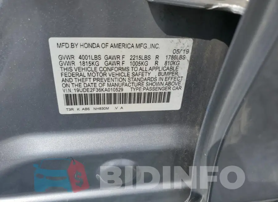 19UDE2F36KA010529 Photo# 12