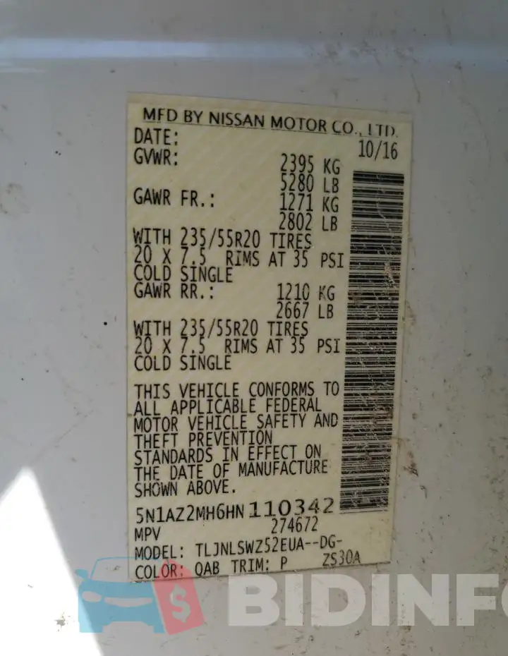 5N1AZ2MH6HN110342 Photo# 13