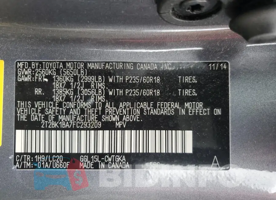 2T2BK1BA7FC293209 Photo# 13