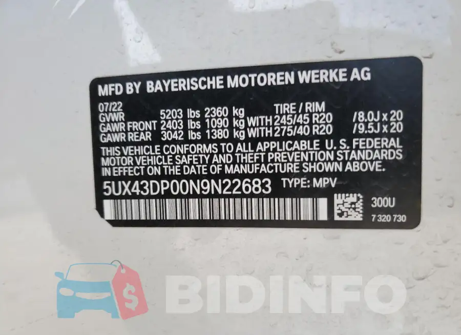 5UX43DP00N9N22683 Photo# 13