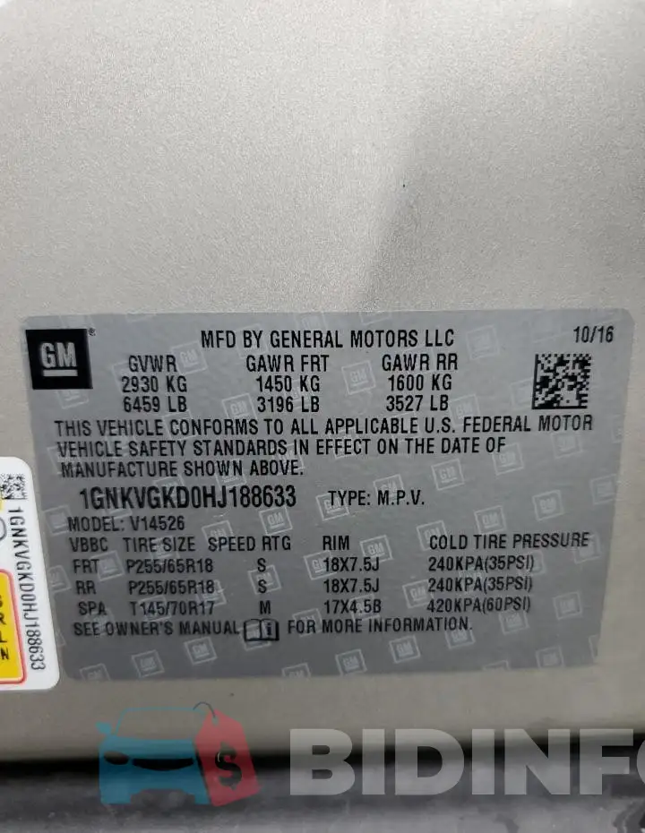 1GNKVGKD0HJ188633 Photo# 13